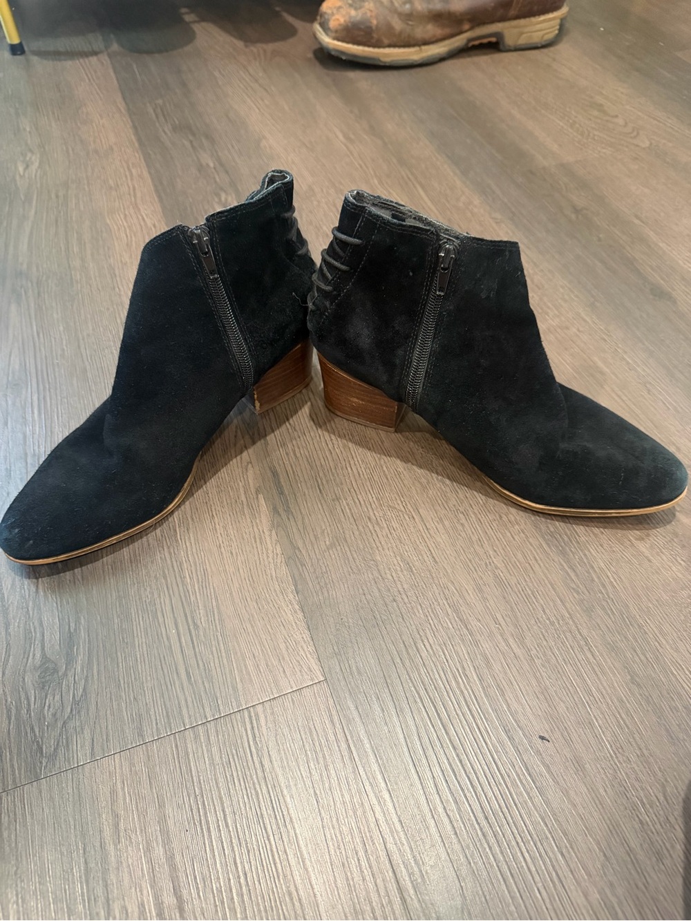 Aldo Black Suede Ankle Booties with Wood-Tone Block Heel